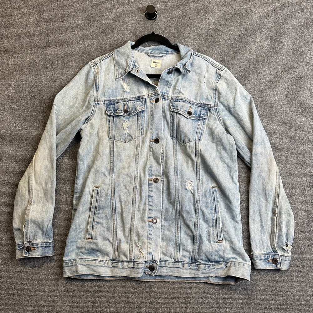 Gap 1969 Denim Trucker Jacket Mens L Tall Light Wash Distressed Ripped Button Up
